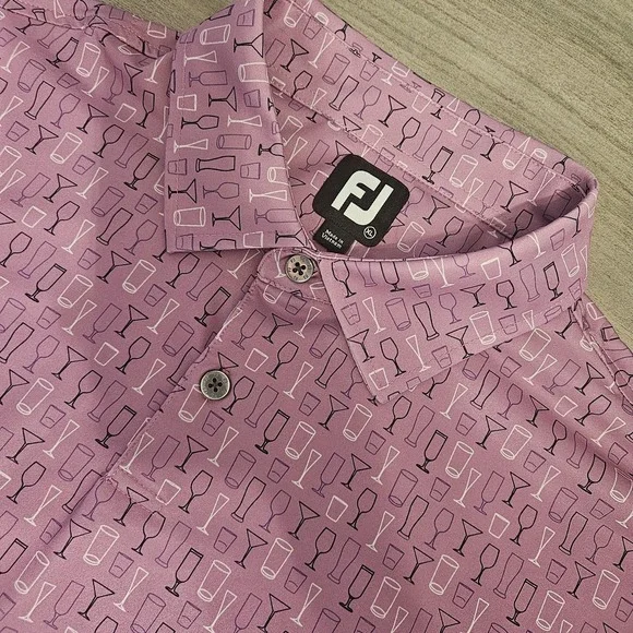 FootJoy Golf Polo Shirt Mens XL Purple Wine and Cocktails Allover Print Stretch - Picture 1 of 8